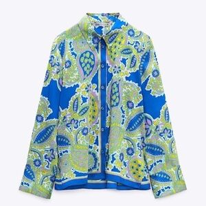 ZARA Paisley Pattern Printed Satin Effect Button Down Shirt in Blue & Green